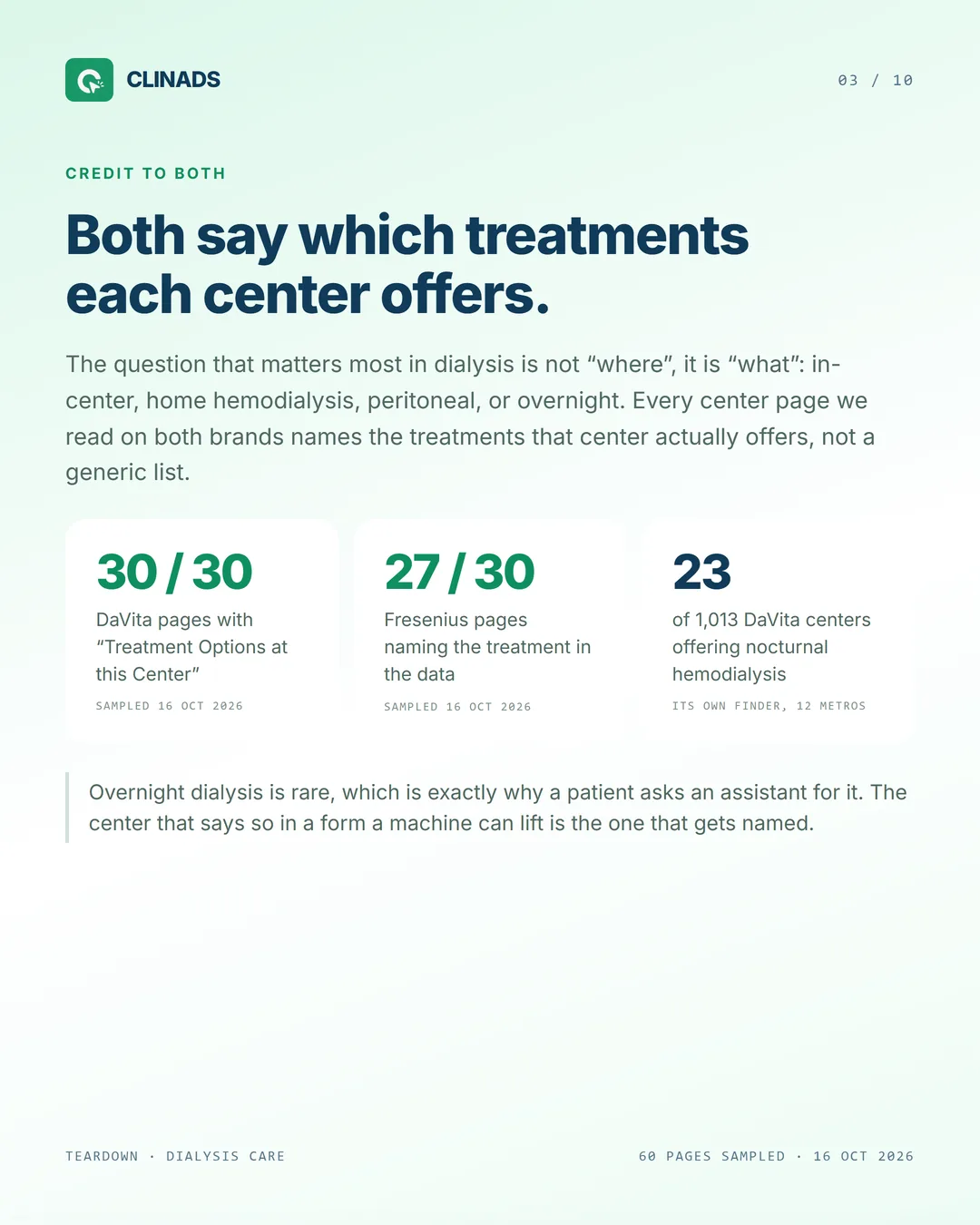 Both brands name the treatments each center offers; only 23 of 1,013 DaVita centers offer nocturnal hemodialysis