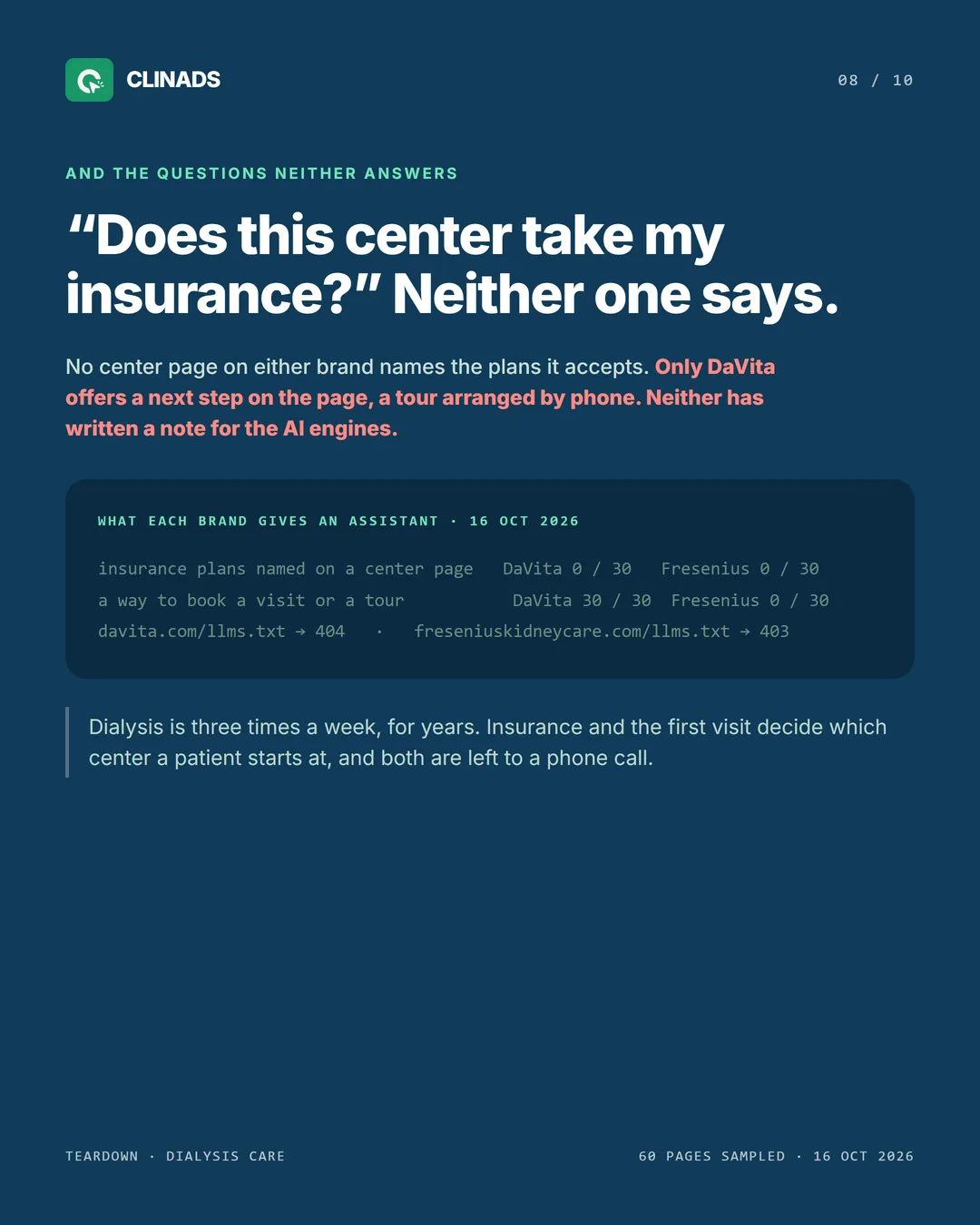 Neither brand names insurance plans on its center pages, and neither publishes an llms.txt
