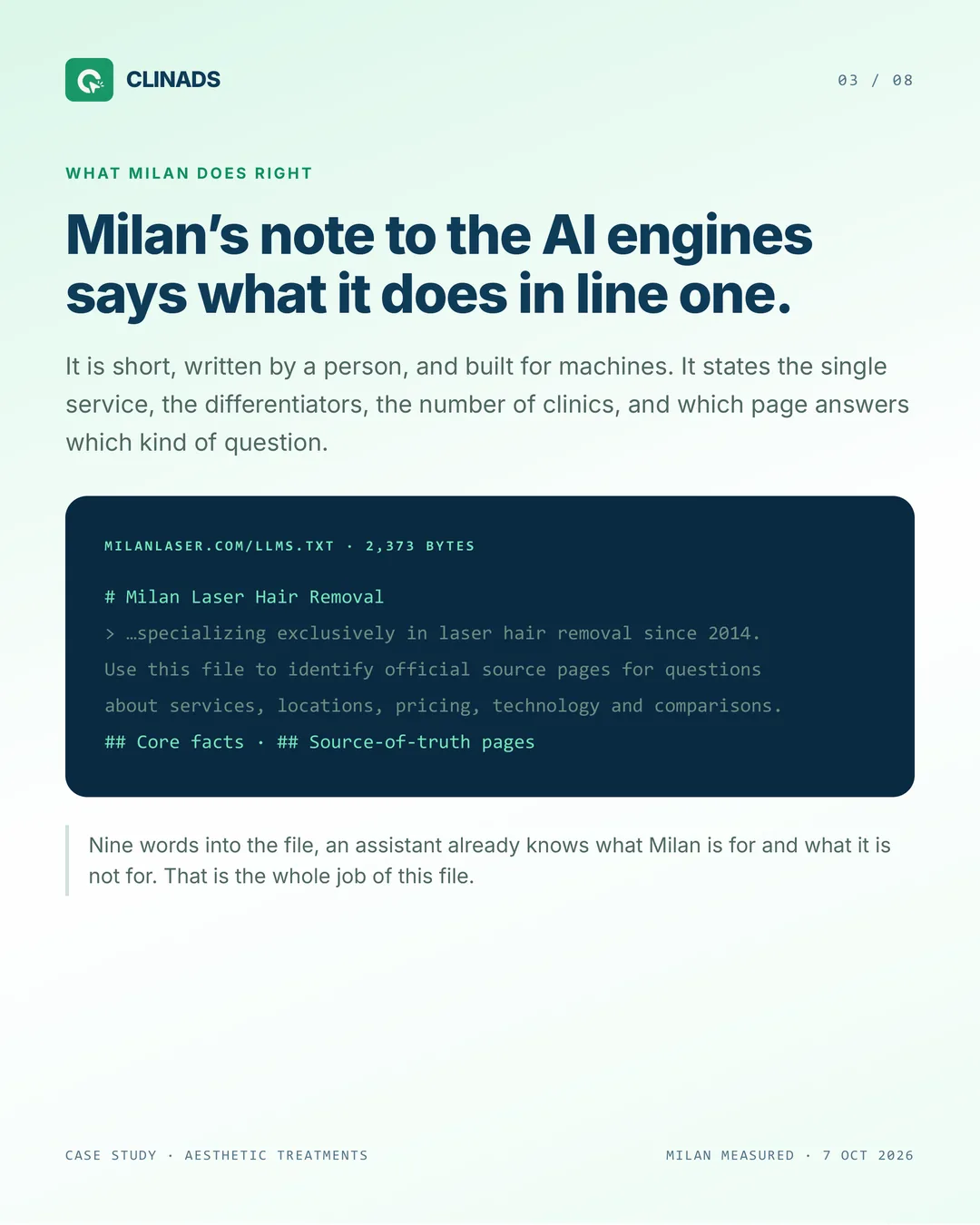 Milan Laser's llms.txt states in its first line that it specializes exclusively in laser hair removal