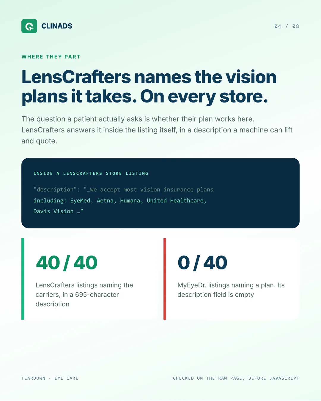 A LensCrafters store listing description names EyeMed, Aetna, Humana, United Healthcare and Davis Vision