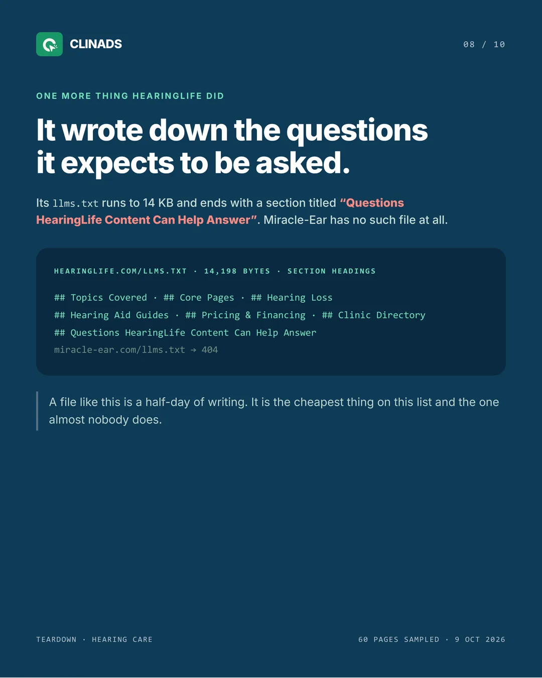 HearingLife publishes a 14 KB llms.txt ending with a list of questions it can answer; Miracle-Ear returns 404 for the same file