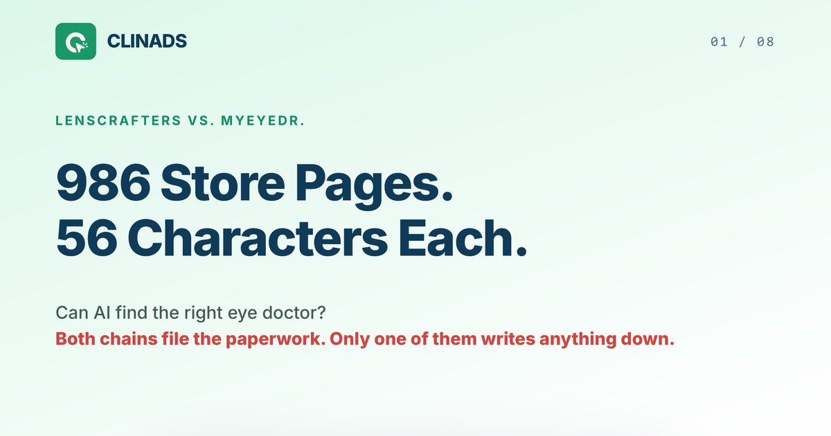 LensCrafters vs MyEyeDr.: 986 store pages, 56 characters each