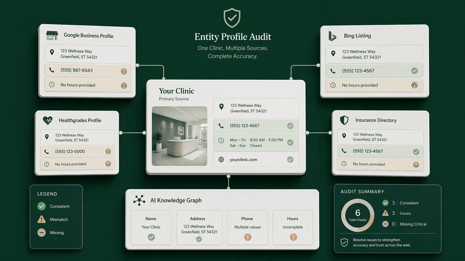 Illustration for 1. Audit Your Practice’s ‘Entity Profile’ Across Google, Bing, and ChatGPT
