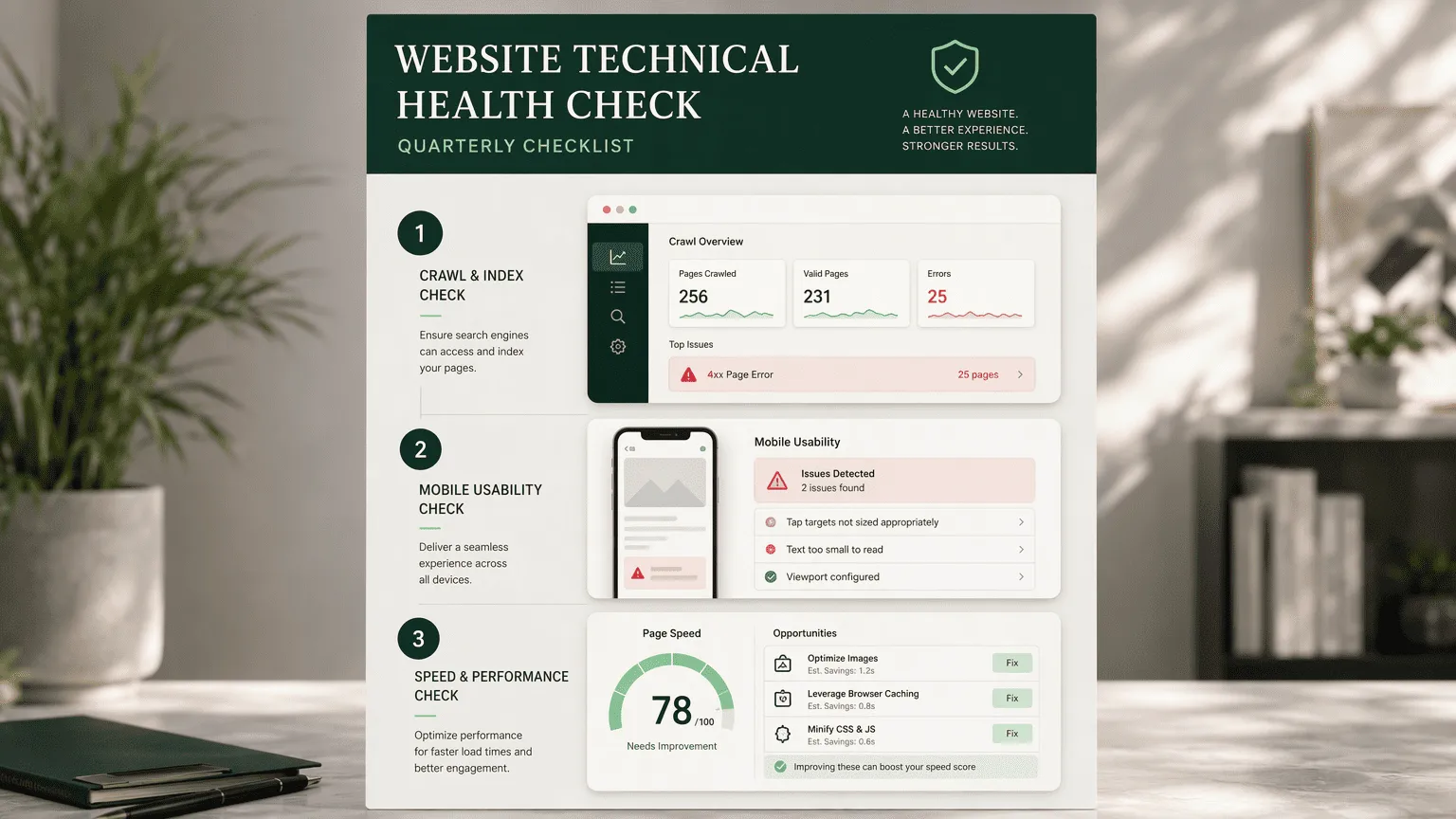 Illustration for Step 4: Run a Technical Health Check on Your Website (Quarterly Task)