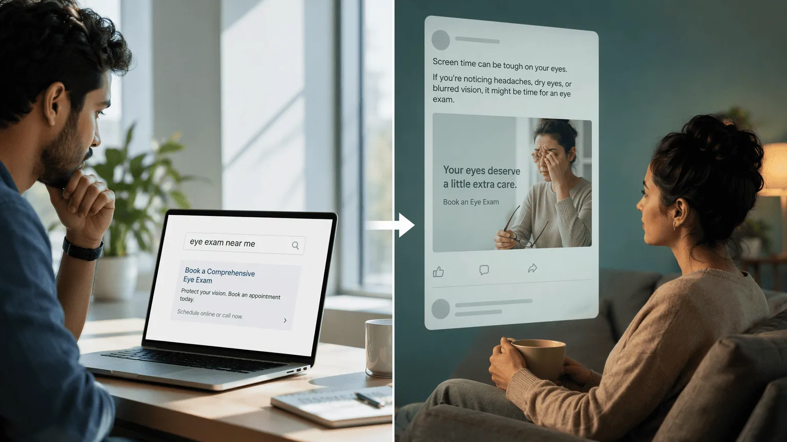 Illustration for How Google Ads and Facebook Ads Differ for Eye Exam Promotion