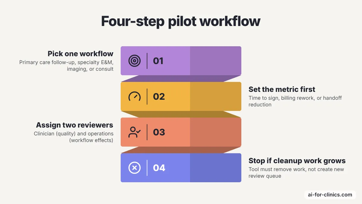 Process diagram: Four-step pilot workflow. 1. Pick one workflow, 2. Set the metric first, 3. Assign two reviewers, 4. Stop if cleanup work grows.