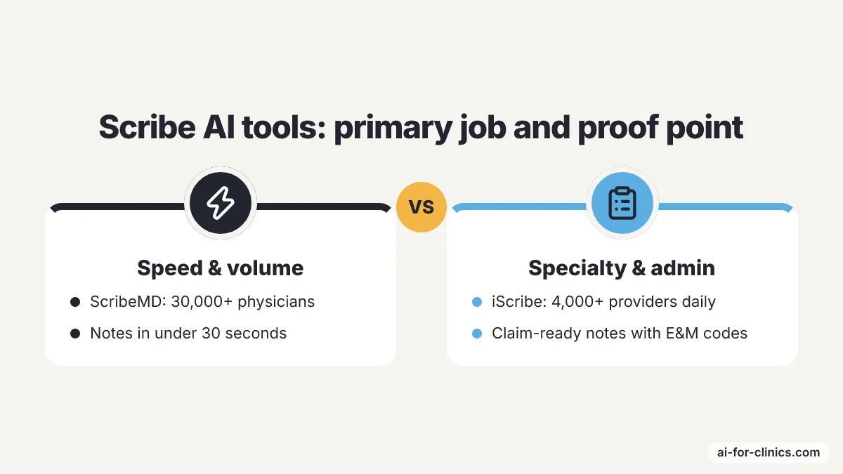 Comparison: Speed & volume vs Specialty & admin. Speed & volume: ScribeMD: 30,000+ physicians, Notes in under 30 seconds. Specialty & admin: iScribe: 4,000+ providers daily, Claim-ready notes with E&M codes.