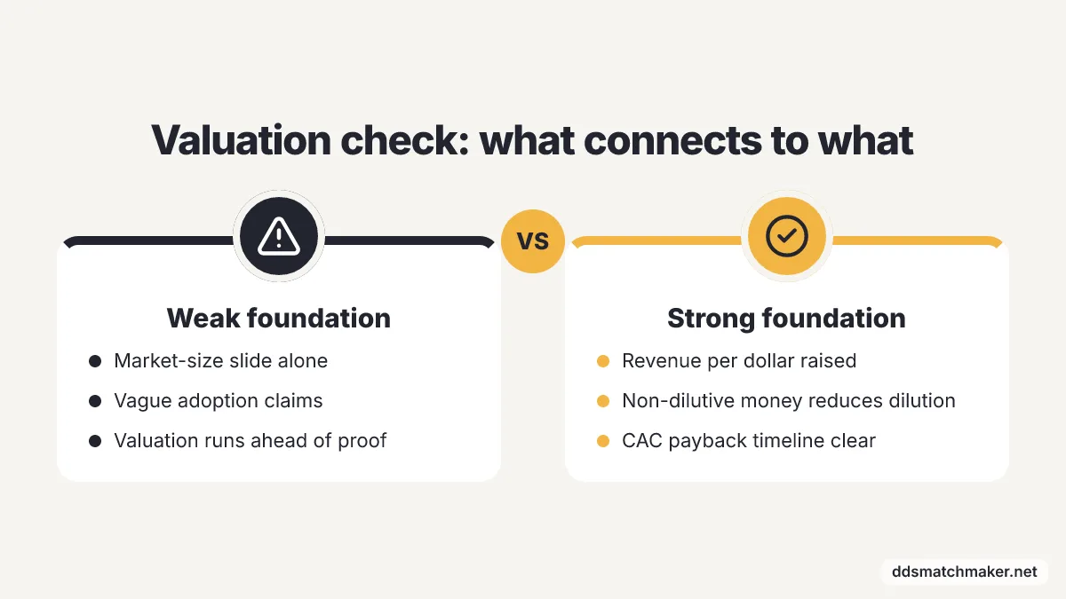 Comparison: Weak foundation vs Strong foundation. Weak foundation: Market-size slide alone, Vague adoption claims, Valuation runs ahead of proof. Strong foundation: Revenue per dollar raised, Non-dilutive money reduces dilution, CAC payback…