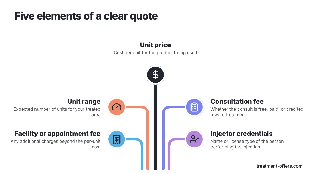 Five elements of a clear quote Diagram of 5 options: Five elements of a clear quote. Unit price, Unit range, Consultation fee, Facility or appointment fee, Injector credentials.